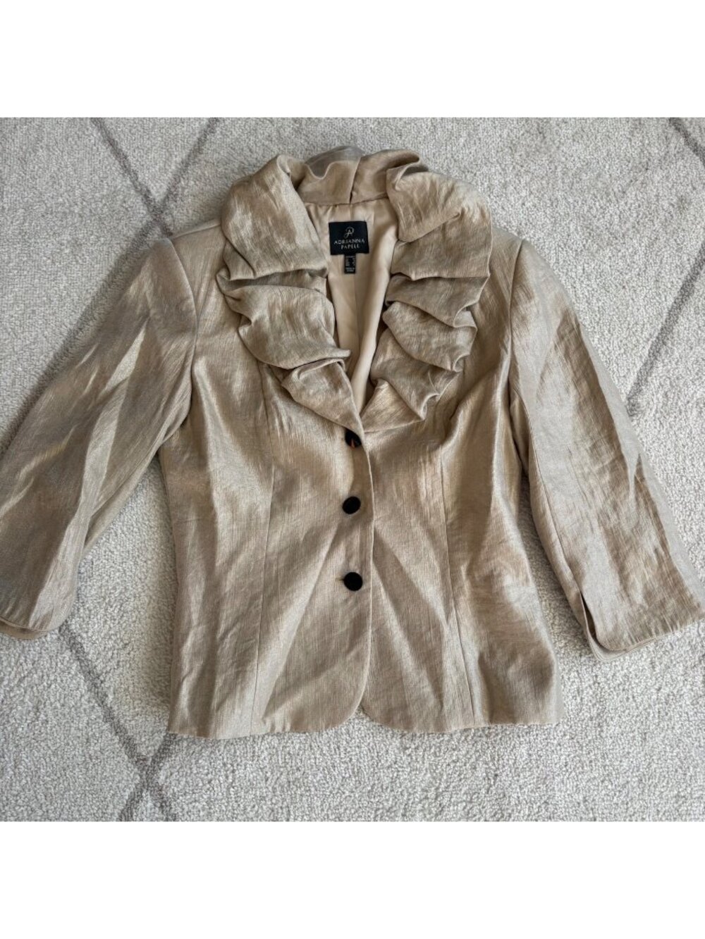 Adrianna Papell Champagne Shimmer Ruffle Blazer Jacket Elegant Occasion Jacket